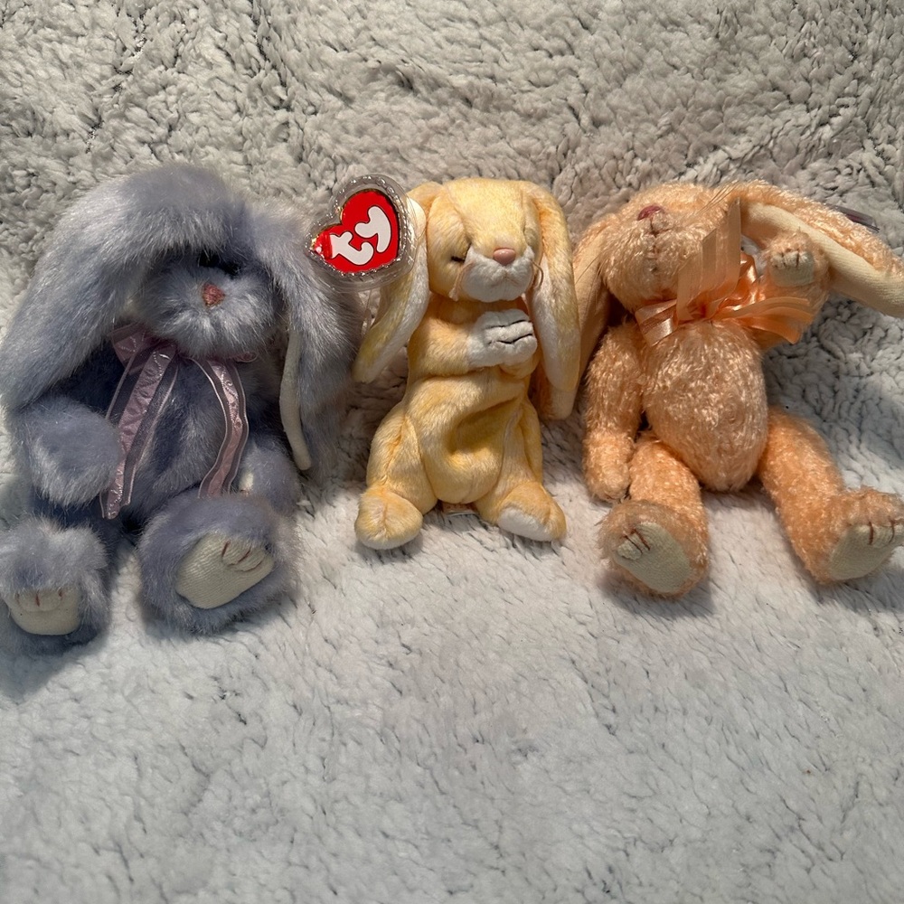 TY Beanie Babies Plush Bunny Set - Gray, Yellow, Tan